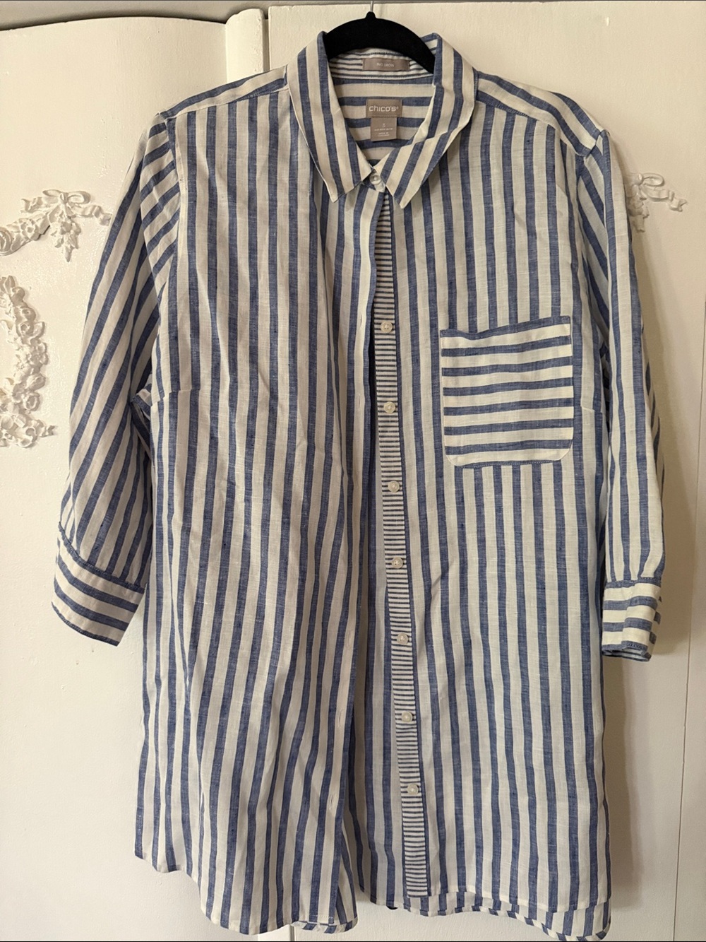 Chico's Blue & White Striped Button-Up Linen Tunic. SZ 3. (16-18)